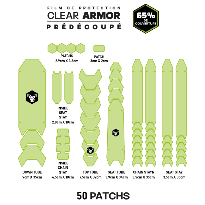 Kit de protection prédécoupé transparent pour cadre vélo : 19 pièces